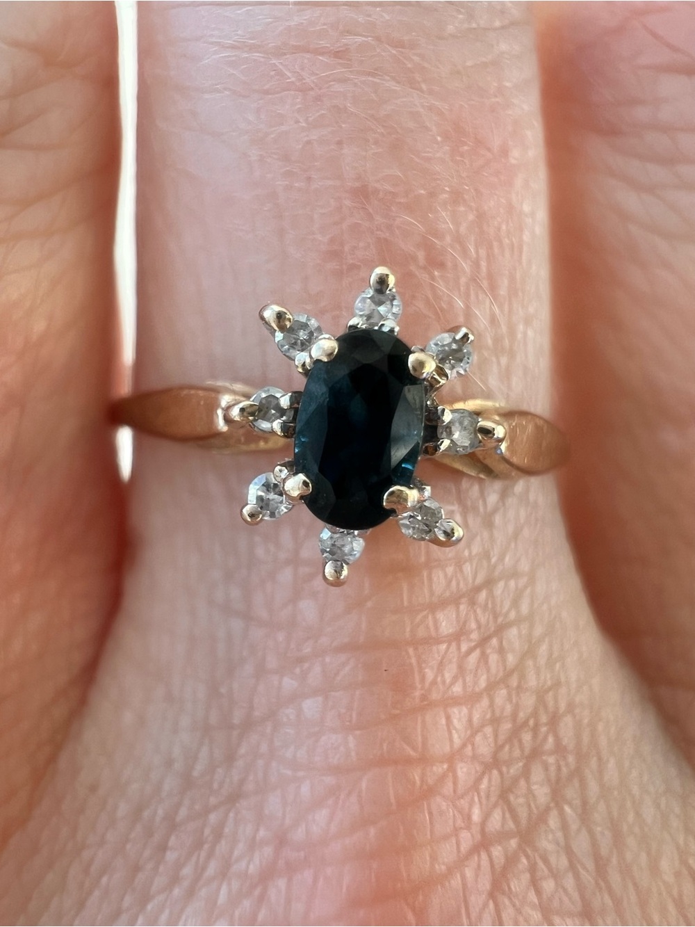 14k Solid Gold Sapphire and Diamond Petal Halo Ring